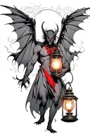 Mothman protecting a lantern in his arms. black grey red tattoo design idea