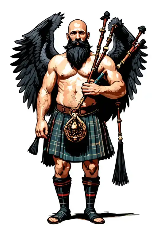legless shirtless muscular bagpiper bald black beard playing bagpipes huge black wings black background tattoo design idea