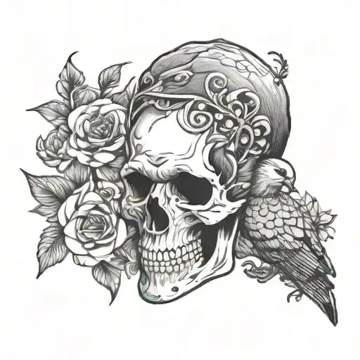 skull, woodpecker, flowers tattoo design idea