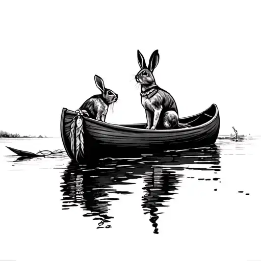 Black and white tattoo, in profile an Indian canoe in profile. Inside the canoeing there are two rabbits, both tattoo design idea