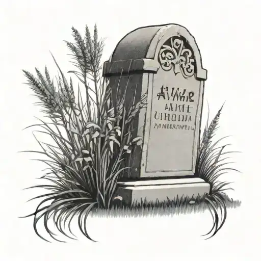 A headstone with grass, the epitaph says "awake and unafraid" tattoo design idea