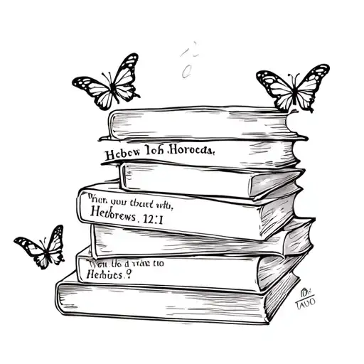 A sketch style tattoo featuring a stack of books with the verse 'Hebrews 12:11' written on the spines, adorned with delicate butterfly accents tattoo design idea