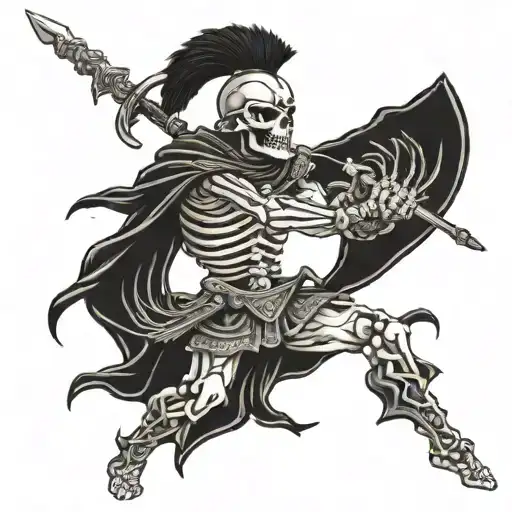 dark Skeleton Greek warrior in a battle pose with cool designs going down the arm  tattoo design idea
