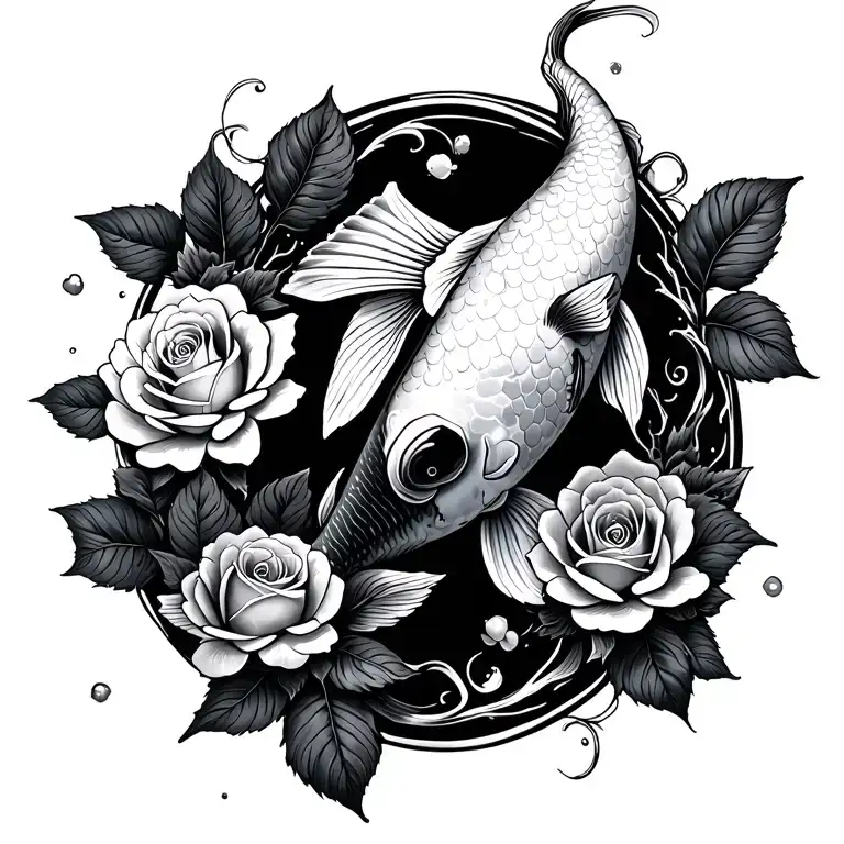 koi fish with roses blooming tattoo design idea