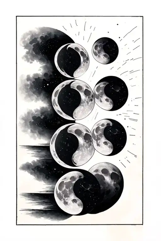 Create a tattoo with 5 moons in the lunar phases (building and breaking down) in a vertical straight line that goes acro tattoo design idea