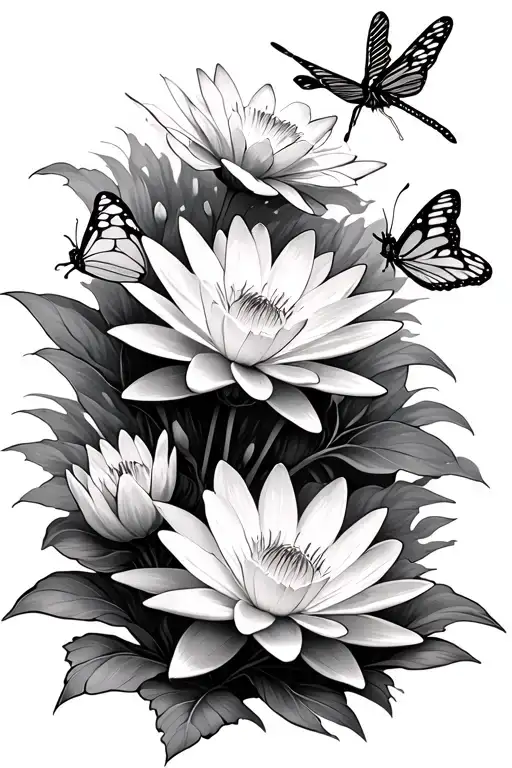 Water lily, merigold, daffodil, daisy with butterfly on each flower with dragonfly flying above  tattoo design idea