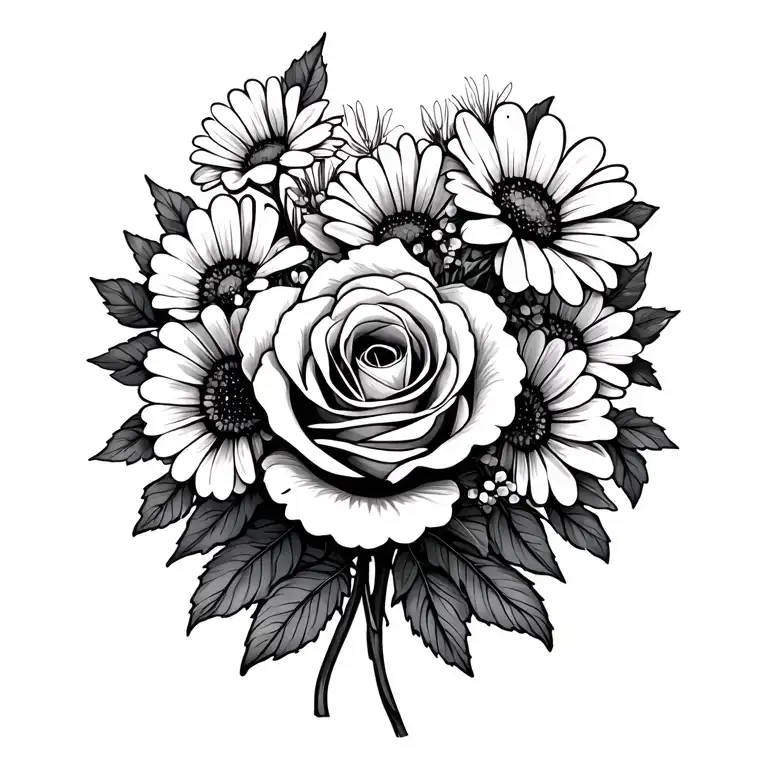 bouquet of rose, daisy, sweetpea, honeysuckle flowers. minimalistic design with black and dot shading tattoo design idea