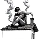 A boy sitting on a roof, alone, head down, legs hanging in a vacuum, with a joint smoke that rises tattoo design idea