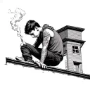 A boy sitting on a roof, alone, head down, legs hanging in a vacuum, with a joint smoke that rises tattoo design idea