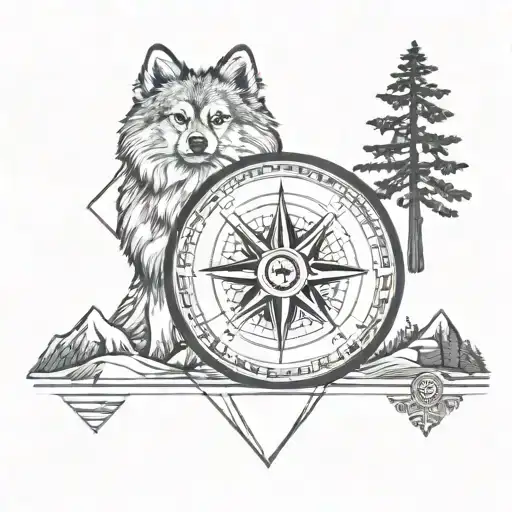 compass needle, man with Pomeranian, mountains, wedding rings, family tattoo design idea