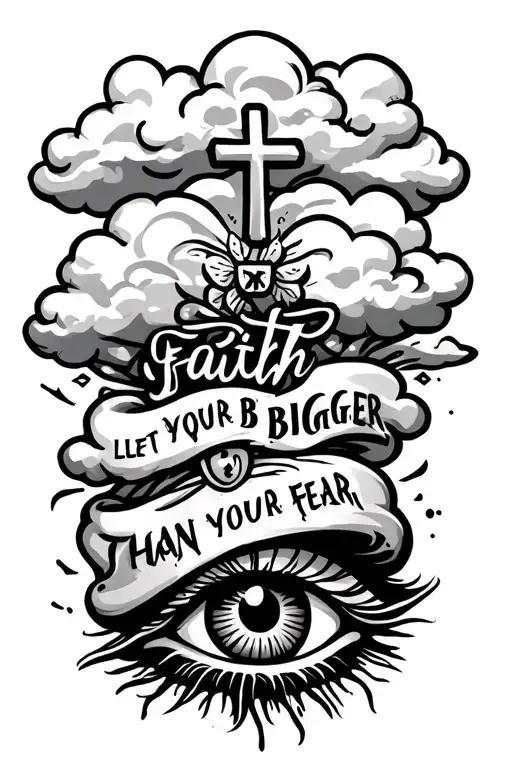 put clouds on the forearm with the words let your faith be bigger than your fear and add 3 crosses and a eye tattoo design idea