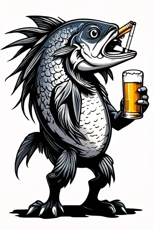 mullet fish holding beer and cigarettes standing straight tattoo design idea