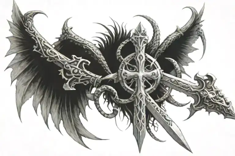 a cross sword with crown and long wings with a circle shaped dragon around it tattoo design idea