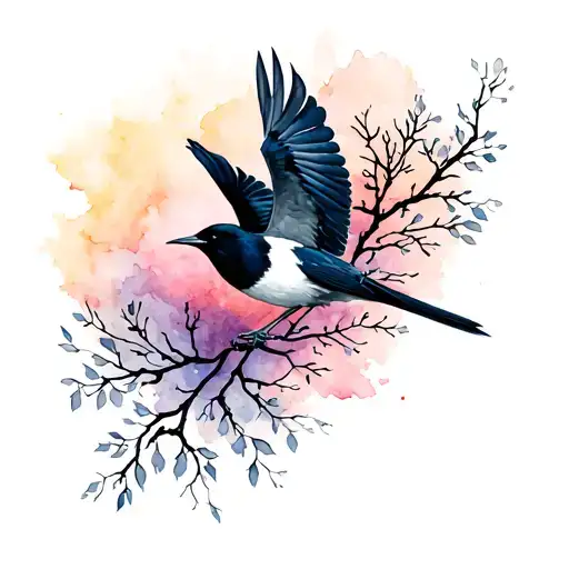 Magpie in flight, lines, branches tattoo design idea