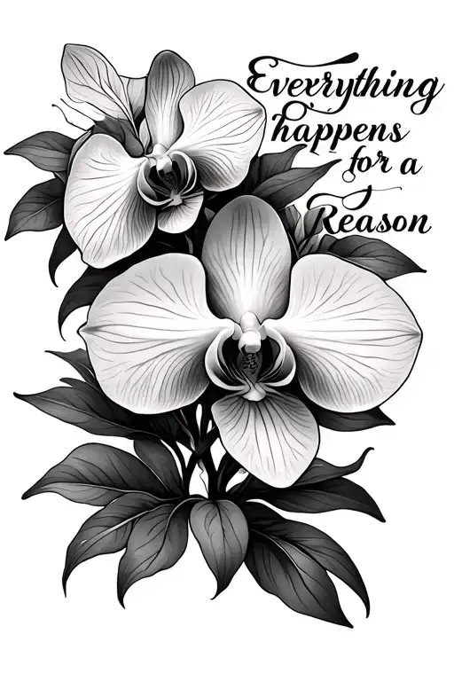 elegant softly shaded orchid, flowing leaves, and the phrase “Everything happens for a reason” tattoo design idea