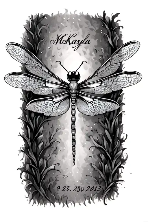 dragonfly with wings open McKayla written underneath and under that the date of 9-28-2013 tattoo design idea