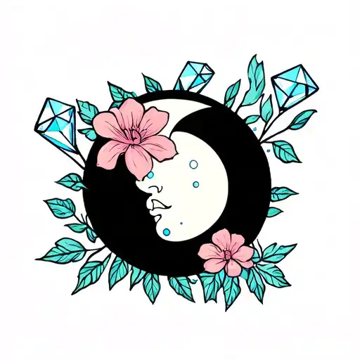 Long Diamonds, Flowers and a Moon  tattoo design idea