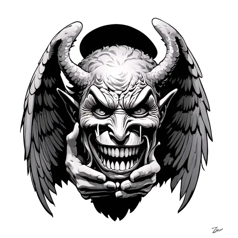 Weeping angel holding a smiling demon mask tattoo design idea