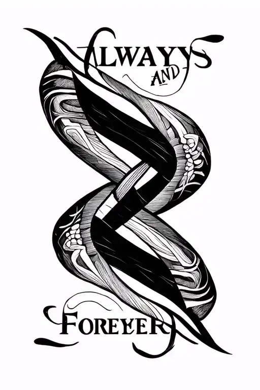 "Always and Forever" 02/13/2015 and 12/21/2016 in an infinity sign intertwined tattoo design idea