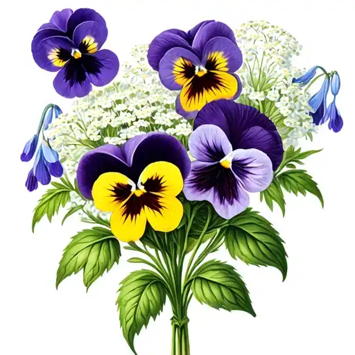 Bunch of pansies in various colors with queen annes lace, bleeding hearts and bluebells  tattoo design idea
