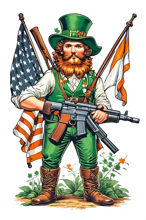 leprechaun hold a m16 and an irish flag and a american flag tattoo design idea