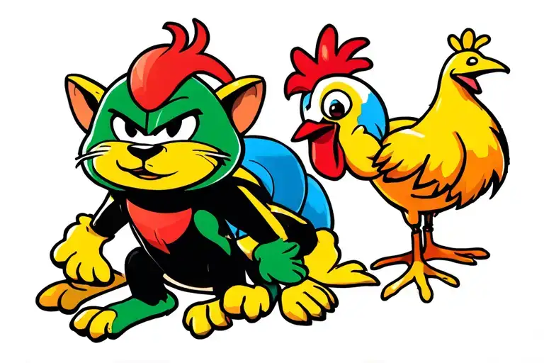 colorful tattoo of the tasmanian devil, Marvin the Martian and hei hei the chicken tattoo design idea