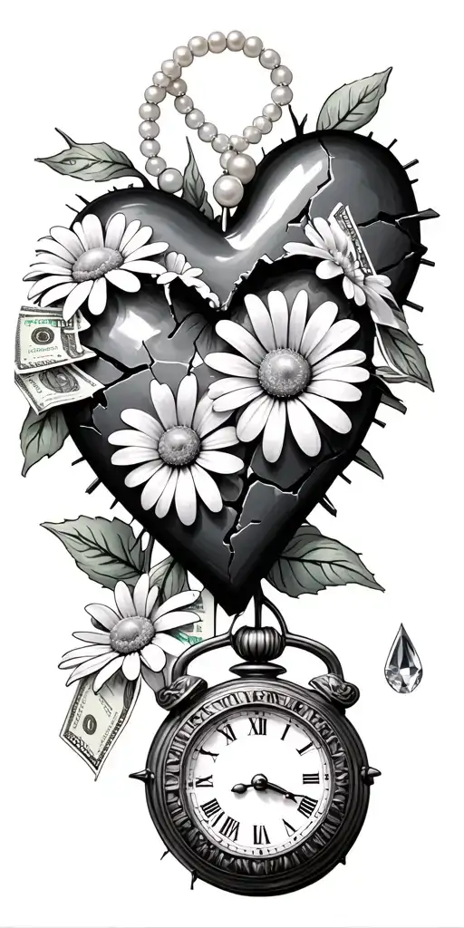 Pearl Necklace, Cracked Heart, $100 bills, Daisy Flowers, Teardrop-shaped Diamond, A Broken Clock,Wrecked Car tattoo design idea