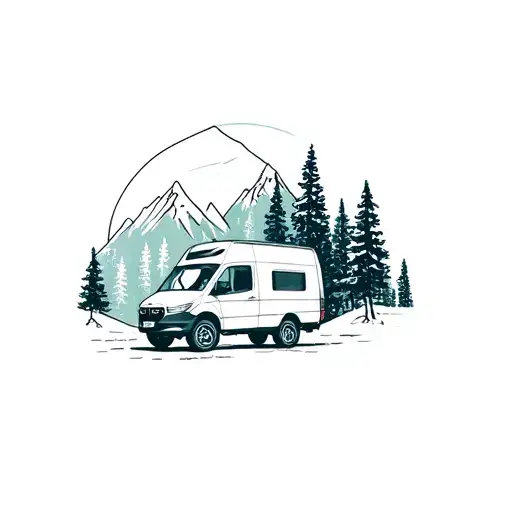 sprinter style campervan in Alpine forest  tattoo design idea