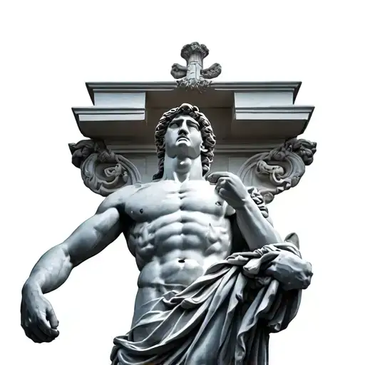 fit greek statue lifting a column with eyes closed and lightning tattoo design idea