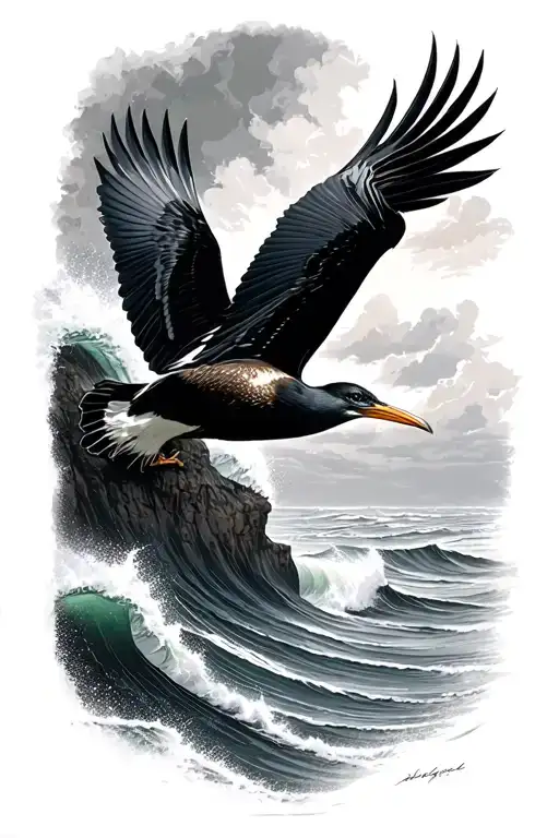 A cormorant flies from the cliffs to roaring waves. tattoo design idea