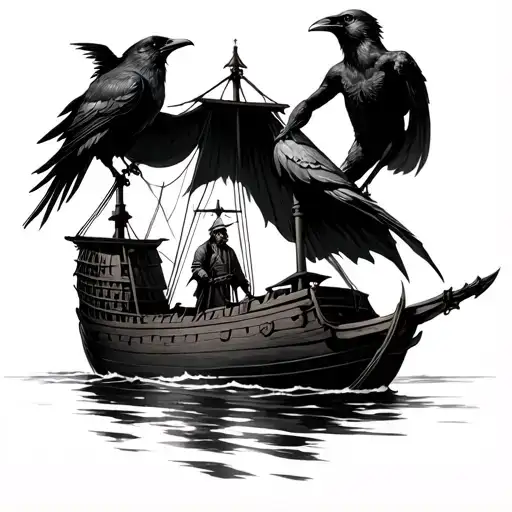 Mannanan Mac Lir as The Ferryman with a crow perched on the mast to represent The Morrigan tattoo design idea