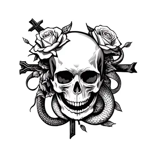 Skulls, roses, crosses, spiderwebs, snakes, and black white color tattoo design idea