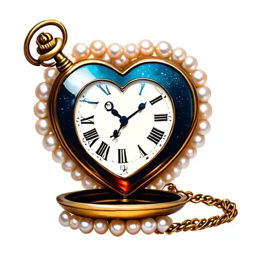 A heart-shaped pocket watch with a white pearl border, pointing to midnight. tattoo design idea