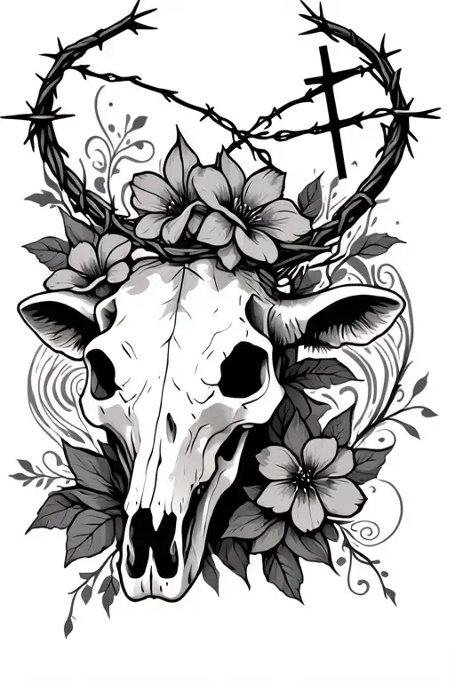Cow skull with barbed wire, flowers, cross, and swirl background tattoo design idea