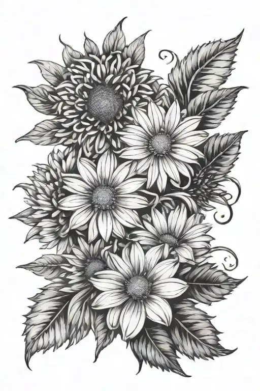 Two Daisy flowers, one chrysanthemum flower and one aster flower tattoo design idea