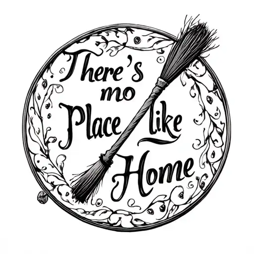 from Wicked Glindas wand and Elphabas broom crossed surrounded by a circle of words reading "There's no place like Home" tattoo design idea
