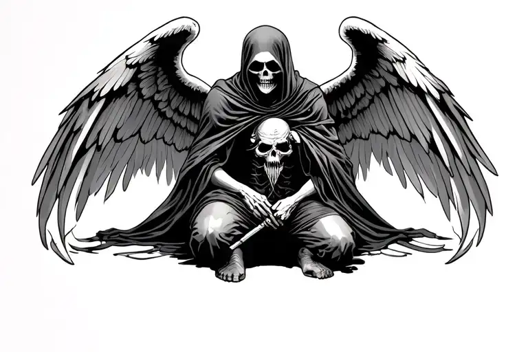 kneeling grim reaper with wings tattoo design idea
