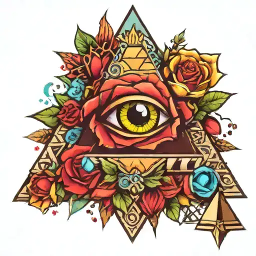 colorful roses and stars with the pyramid and a detailed realistic eyeball tattoo design idea