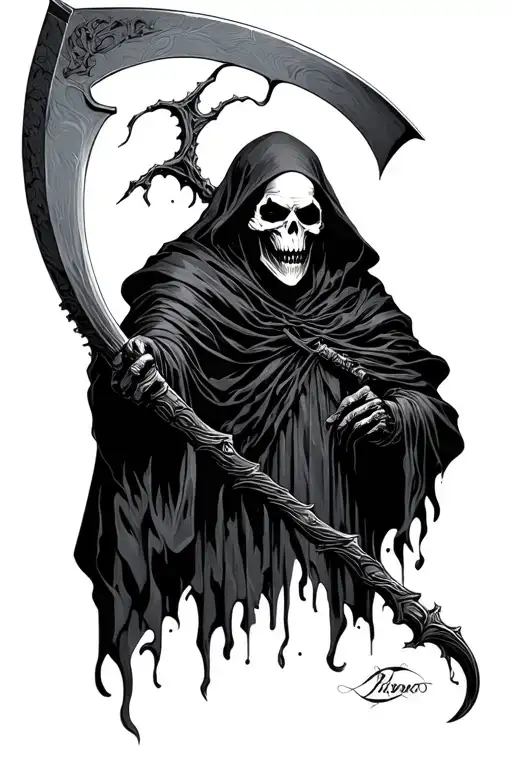 Grimreaper with scythe hanging himself tattoo design idea
