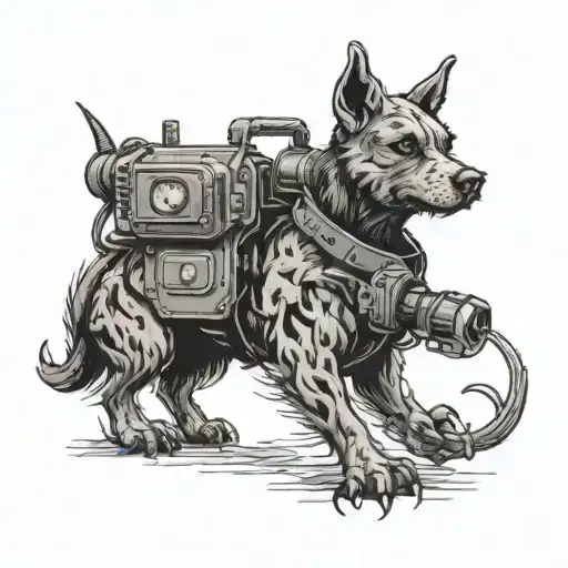 A fusion tattoo of a dog with a Pip-Boy from Fallout 4, riding a dragon inspired by Lord of the Rings, in a black-grey style tattoo design idea
