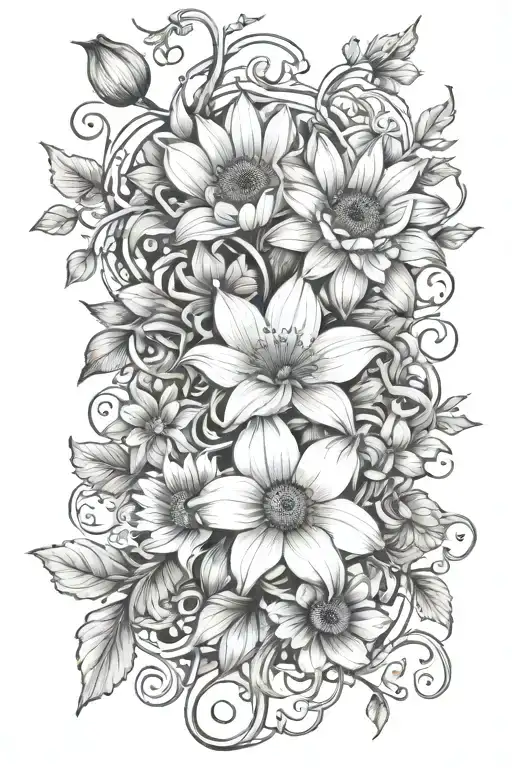 flowers intertwined with 1 poppy, 1 water lily, 2 chrysanthemums, 1 morning glory, 1 narcissus, 2 snowdrops, & 2 violets tattoo design idea