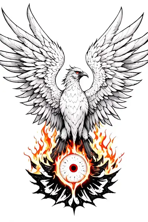 burning wing of a phoenix rising from the ashes symbolizing rebirth, sharingan eyes tattoo design idea