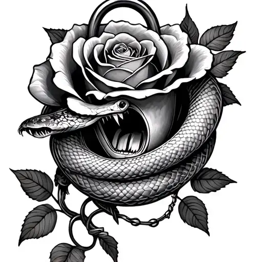 Rose background with a lock design with a snake wrapped around it with its mouth open  tattoo design idea