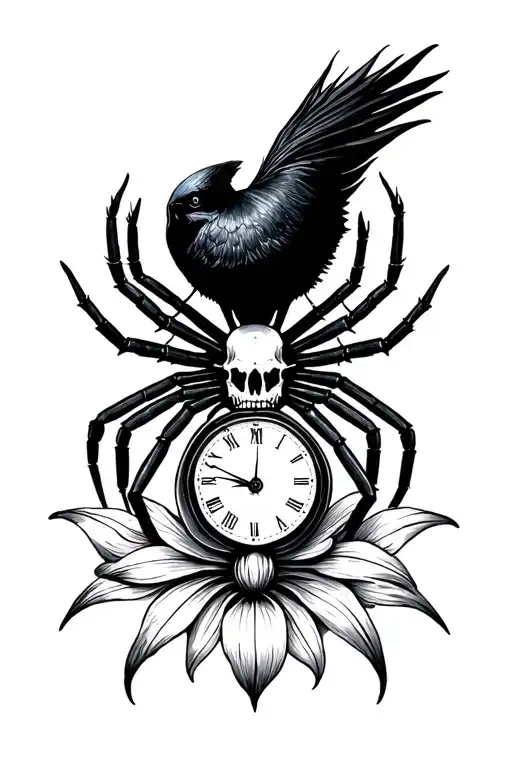 crow skull, black widow spider, higanbana flower, sand clock tattoo design idea