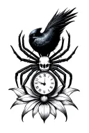 crow skull, black widow spider, higanbana flower, sand clock tattoo design idea