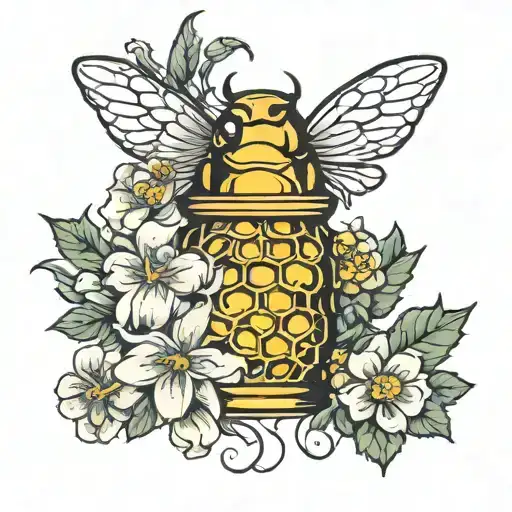 honey jar honey comb piece inside surrounded by flowers tattoo design idea