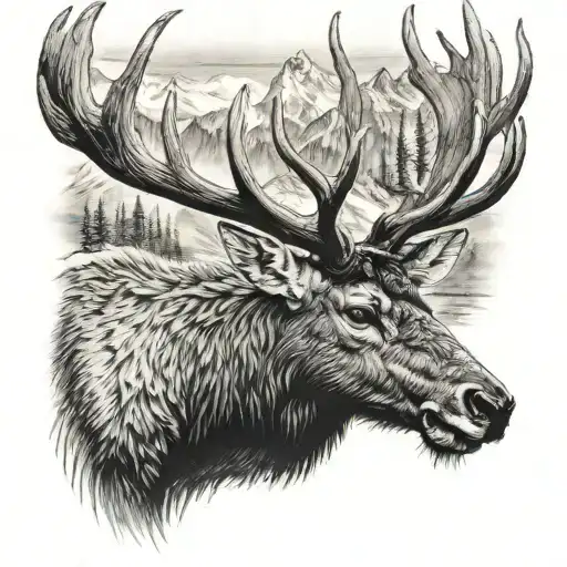 elk head mountains across tattoo design idea