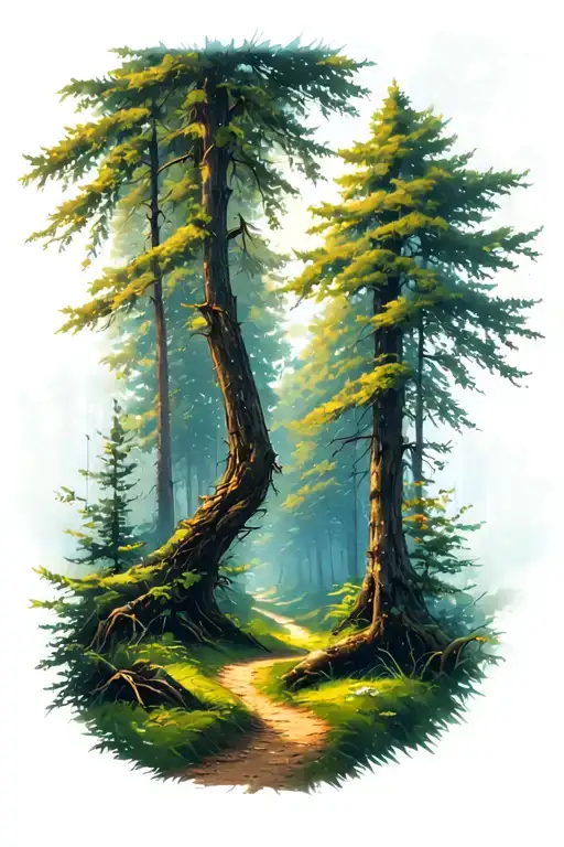 two paths splitting in the forest tattoo design idea