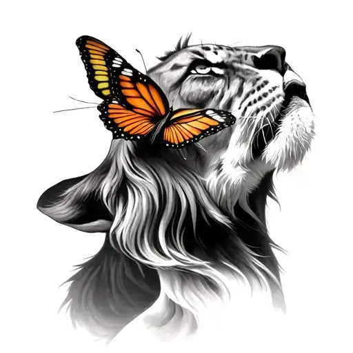 Realistic lioness tattoo looking up with a colored butterfly perched on her nose tattoo design idea