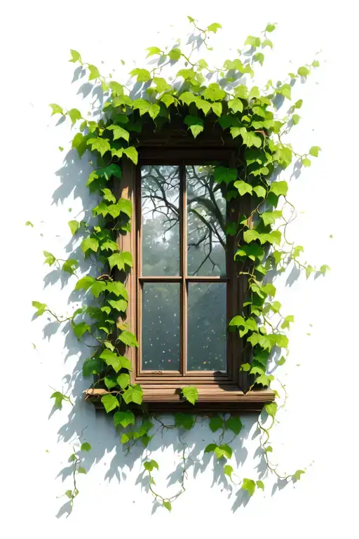 window with vines overgrowing the otherside and spreading inside tattoo design idea